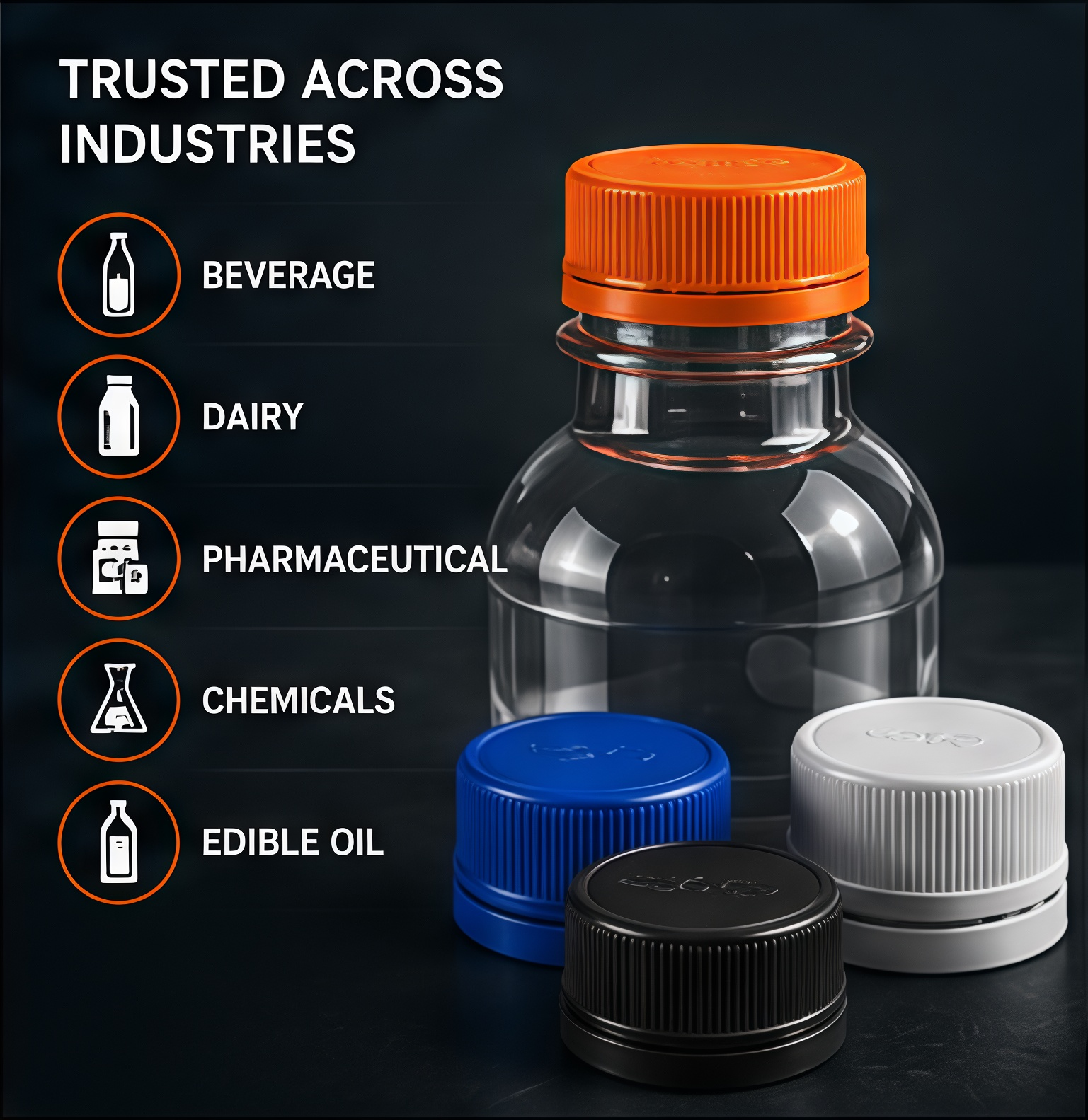 Compression molded caps trusted across beverage, dairy, pharmaceutical, chemical and edible oil industries